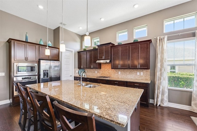 6007 Quartz Lake Way, Lithia, FL 33547 - kitchen with appliances with stainless steel finishes, a towering ceiling, dark wood finished floors, dark brown cabinetry, and under cabinet range hood