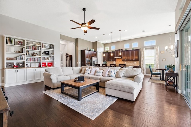 6007 Quartz Lake Way, Lithia, FL 33547 - living room with a chandelier, dark wood-style floors, ceiling fan, and recessed lighting