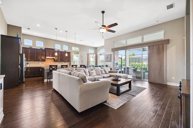 6007 Quartz Lake Way, Lithia, FL 33547 - living room featuring ceiling fan, dark wood-style flooring, recessed lighting, and healthy amount of natural light