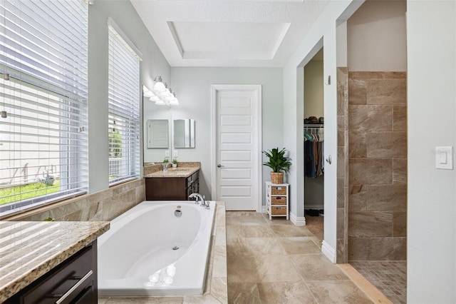 6007 Quartz Lake Way, Lithia, FL 33547 - bathroom featuring vanity, a bath, a spacious closet, a raised ceiling, and tiled shower