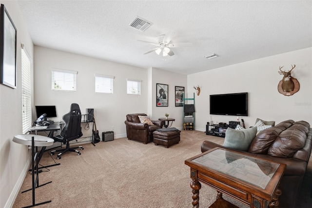 6007 Quartz Lake Way, Lithia, FL 33547 - living room with an office area, ceiling fan, carpet flooring, and a textured ceiling