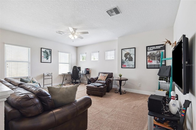 6007 Quartz Lake Way, Lithia, FL 33547 - carpeted living room featuring ceiling fan and a textured ceiling