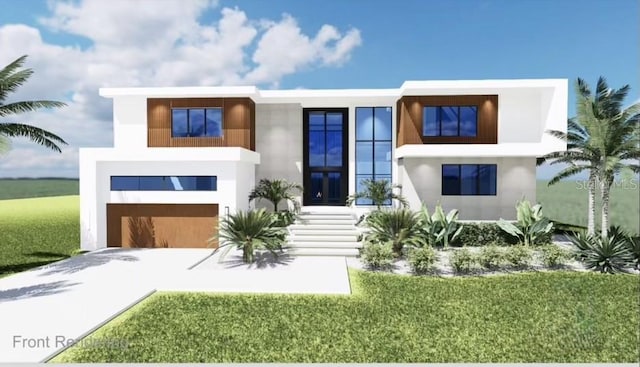 7849 Marsh Pointe Dr, Tampa, FL 33635 - contemporary house with an attached garage, stucco siding, driveway, and a front lawn