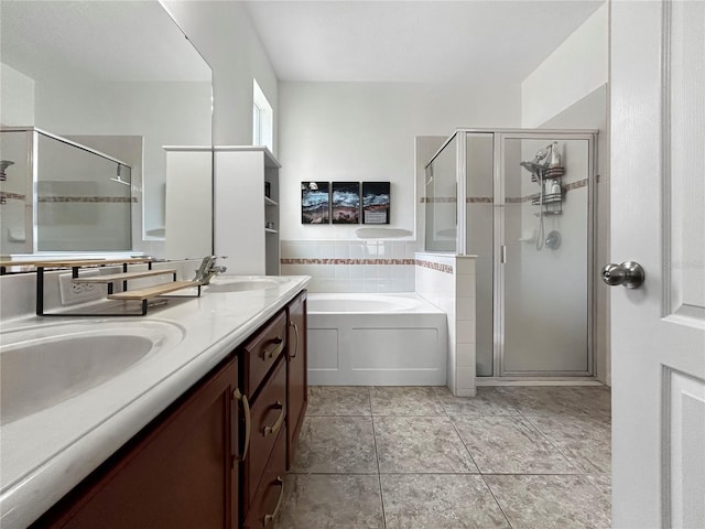 4079 Pacente Loop, Wesley Chapel, FL 33543 - full bathroom with a garden tub, a stall shower, double vanity, and tile patterned floors