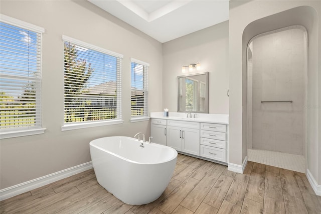 2839 Cordoba Ranch Blvd, Lutz, FL 33559 - bathroom featuring wood finished floors, vanity, a freestanding bath, and a tile shower