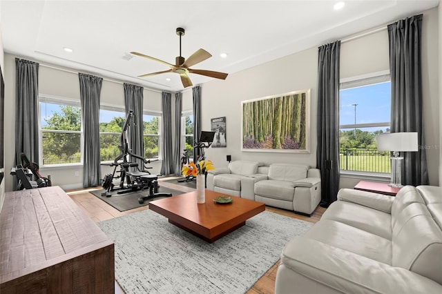 2839 Cordoba Ranch Blvd, Lutz, FL 33559 - living area featuring healthy amount of natural light, ceiling fan, recessed lighting, and light wood-type flooring