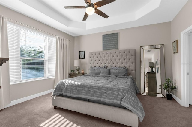 11597 Weaver Hollow Rd, New Port Richey, FL 34654 - bedroom featuring carpet flooring, multiple windows, a tray ceiling, and ceiling fan
