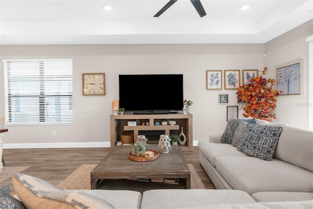 11597 Weaver Hollow Rd, New Port Richey, FL 34654 - living area featuring ceiling fan, wood finished floors, and recessed lighting