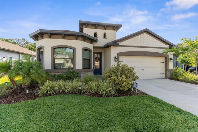 11597 Weaver Hollow Rd, New Port Richey, FL 34654 - mediterranean / spanish house with a front lawn, concrete driveway, a garage, stucco siding, and stone siding