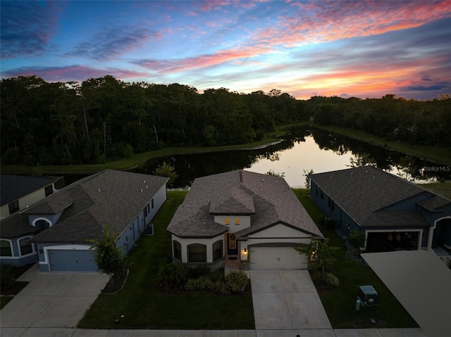 11597 Weaver Hollow Rd, New Port Richey, FL 34654 - aerial view at dusk of a water view and a forest view