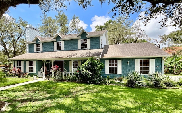 8834 Whispering Oaks Trl, New Port Richey, FL 34654 - view of front of property featuring a chimney, a porch, a front lawn, and roof with shingles