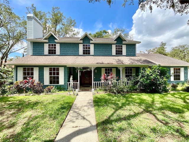 8834 Whispering Oaks Trl, New Port Richey, FL 34654 - view of front of house featuring a chimney, a porch, a front yard, and a shingled roof
