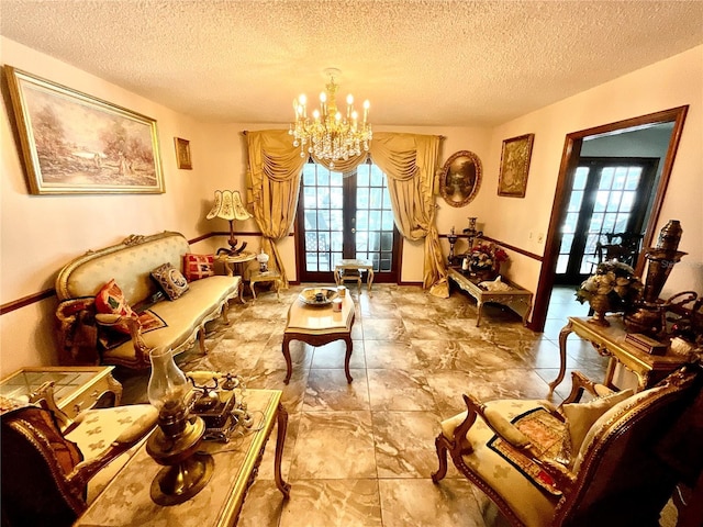 8834 Whispering Oaks Trl, New Port Richey, FL 34654 - living area with a chandelier, french doors, and a textured ceiling