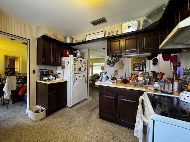 1106 Trellis Ave, Spring Hill, FL 34606 - kitchen featuring white appliances, under cabinet range hood, light countertops, and dark brown cabinets