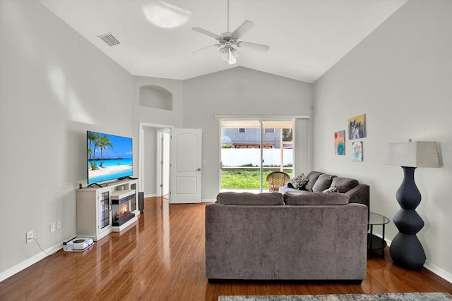 18419 Merseyside Loop, Land O Lakes, FL 34638 - living room featuring ceiling fan, wood finished floors, and high vaulted ceiling