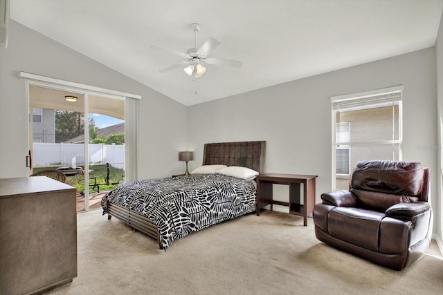 18419 Merseyside Loop, Land O Lakes, FL 34638 - bedroom with light colored carpet, access to exterior, lofted ceiling, and a ceiling fan