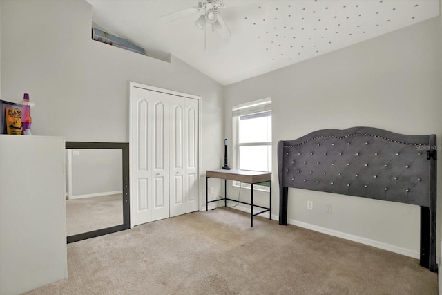 18419 Merseyside Loop, Land O Lakes, FL 34638 - unfurnished bedroom with lofted ceiling, carpet flooring, a closet, and a ceiling fan