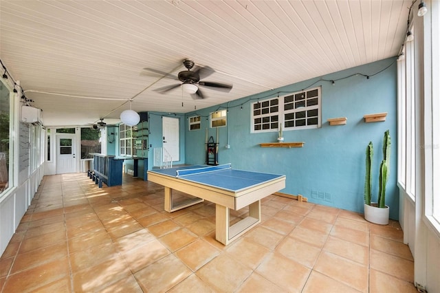 12995 NE 5th Ave, North Miami, FL 33161 - rec room featuring ceiling fan, healthy amount of natural light, tile patterned flooring, and wood ceiling