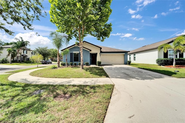 10119 Rose Petal Pl, Riverview, FL 33578 - view of front of property with an attached garage, concrete driveway, a front yard, and stucco siding