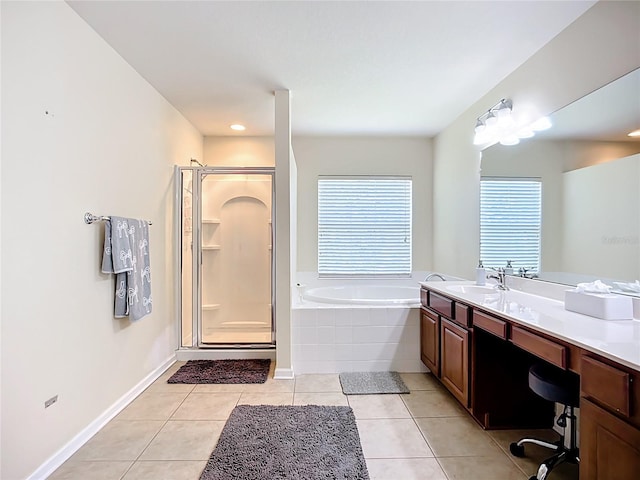 5830 100th Ave E, Parrish, FL 34219 - bathroom featuring a bath, a stall shower, vanity, and tile patterned floors
