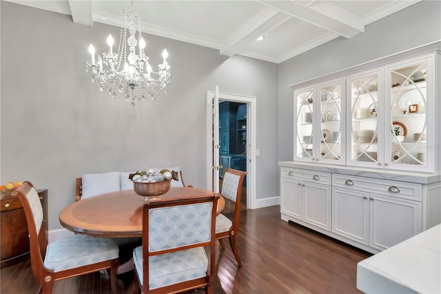 6220 Bayshore Blvd, Tampa, FL 33611 - dining area with beam ceiling, dark wood-style flooring, a chandelier, and crown molding