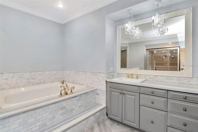6220 Bayshore Blvd, Tampa, FL 33611 - bathroom featuring vanity, a bath, crown molding, a chandelier, and a shower stall