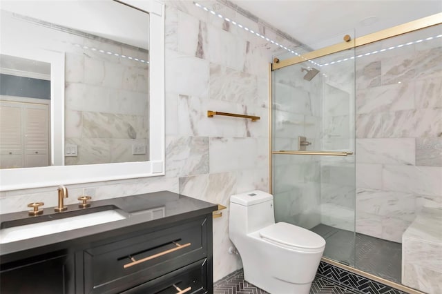 6220 Bayshore Blvd, Tampa, FL 33611 - full bathroom featuring tile walls, tiled shower, vanity, and tile patterned floors