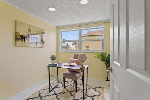 7401 Islander Ln, Hudson, FL 34667 - office space with light tile patterned floors, ornamental molding, a textured ceiling, and recessed lighting