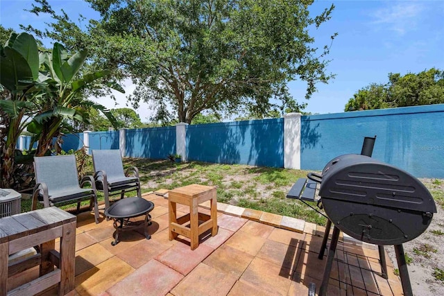 3350 Fox Hunt Dr, Palm Harbor, FL 34683 - fenced backyard with a fire pit, a patio area, and grilling area