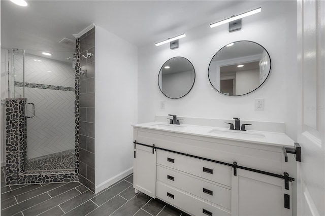 6108 Oak Ridge Ave, New Port Richey, FL 34653 - full bath featuring double vanity, a shower stall, tile patterned flooring, and recessed lighting