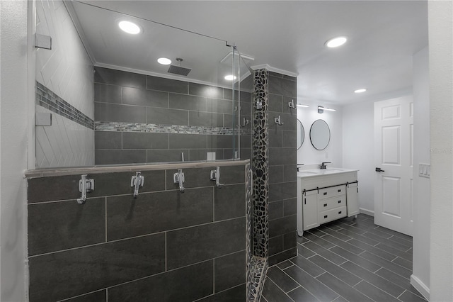 6108 Oak Ridge Ave, New Port Richey, FL 34653 - bathroom with a shower stall, vanity, recessed lighting, and tile patterned flooring