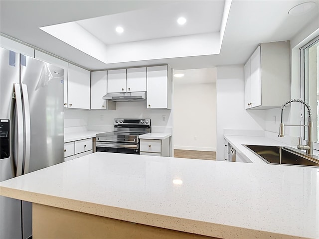 20352 Astoria Ave, Port Charlotte, FL 33952 - kitchen with stainless steel appliances, under cabinet range hood, a raised ceiling, recessed lighting, and white cabinetry