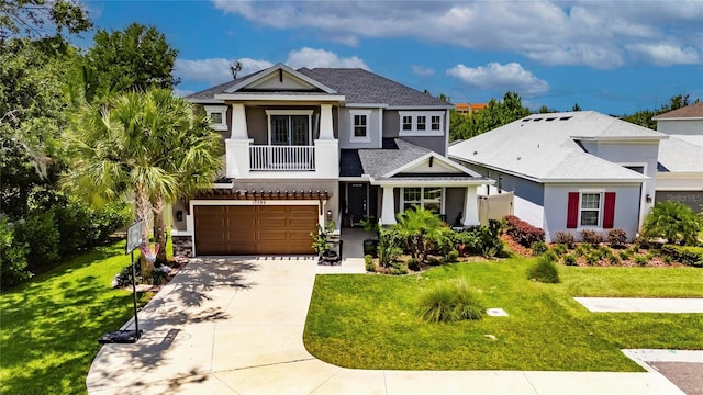 10399 Boyette Brook St, Riverview, FL 33569 - craftsman-style house featuring a balcony, a front lawn, and a garage