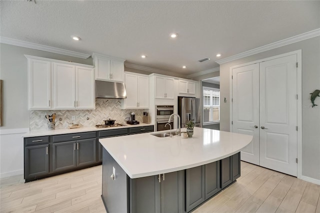 10399 Boyette Brook St, Riverview, FL 33569 - kitchen with stainless steel appliances, under cabinet range hood, white cabinets, a kitchen island with sink, and ornamental molding