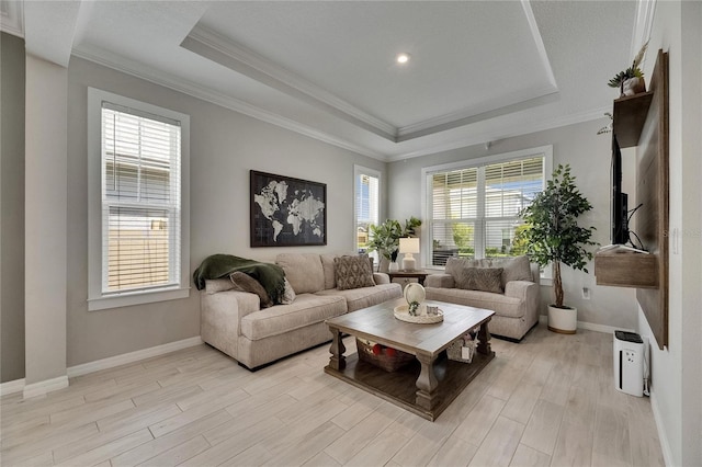 10399 Boyette Brook St, Riverview, FL 33569 - living room featuring a tray ceiling, crown molding, and light wood-type flooring