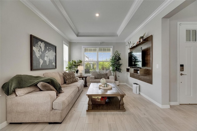 10399 Boyette Brook St, Riverview, FL 33569 - living room with light wood-style floors, a raised ceiling, crown molding, and recessed lighting