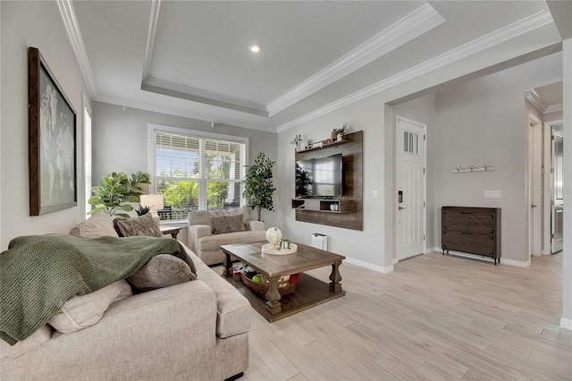 10399 Boyette Brook St, Riverview, FL 33569 - living area with a raised ceiling, crown molding, and light wood-style floors