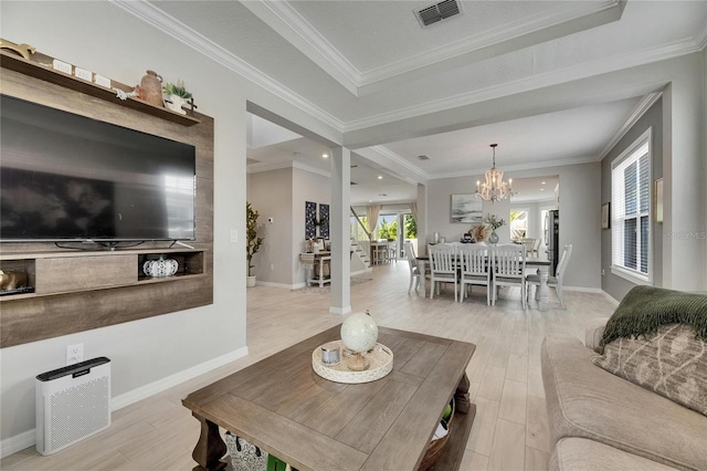 10399 Boyette Brook St, Riverview, FL 33569 - living area with wood finished floors, a chandelier, ornamental molding, recessed lighting, and a tray ceiling