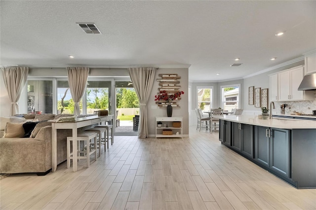 10399 Boyette Brook St, Riverview, FL 33569 - kitchen with crown molding, open floor plan, light countertops, white cabinets, and light wood-style flooring