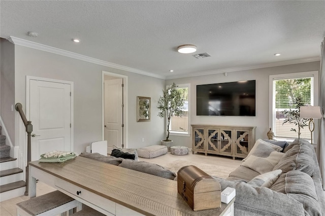 10399 Boyette Brook St, Riverview, FL 33569 - living room featuring plenty of natural light, crown molding, stairway, a textured ceiling, and recessed lighting