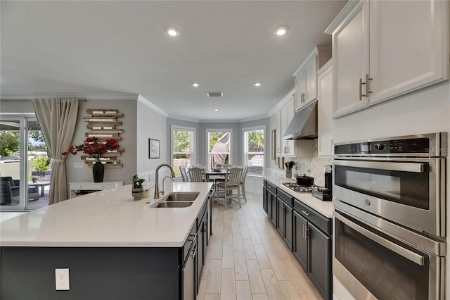 10399 Boyette Brook St, Riverview, FL 33569 - kitchen featuring stainless steel appliances, under cabinet range hood, crown molding, light countertops, and a kitchen island with sink