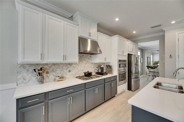 10399 Boyette Brook St, Riverview, FL 33569 - kitchen featuring appliances with stainless steel finishes, under cabinet range hood, crown molding, backsplash, and white cabinets