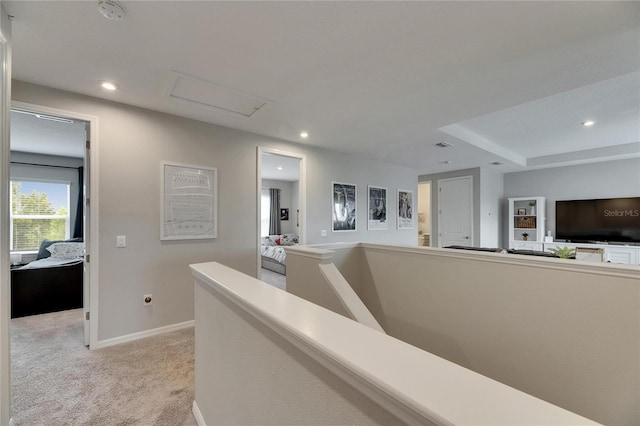 10399 Boyette Brook St, Riverview, FL 33569 - corridor featuring light carpet, attic access, recessed lighting, and an upstairs landing