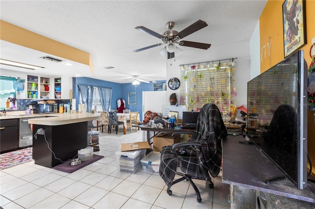 7018 Arbor View Ln, New Port Richey, FL 34653 - living area with a ceiling fan, a desk, a textured ceiling, and light tile patterned floors