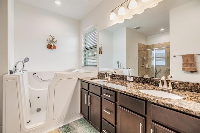 12251 Duckett Ct, Spring Hill, FL 34610 - full bath with a stall shower, a whirlpool tub, double vanity, and recessed lighting
