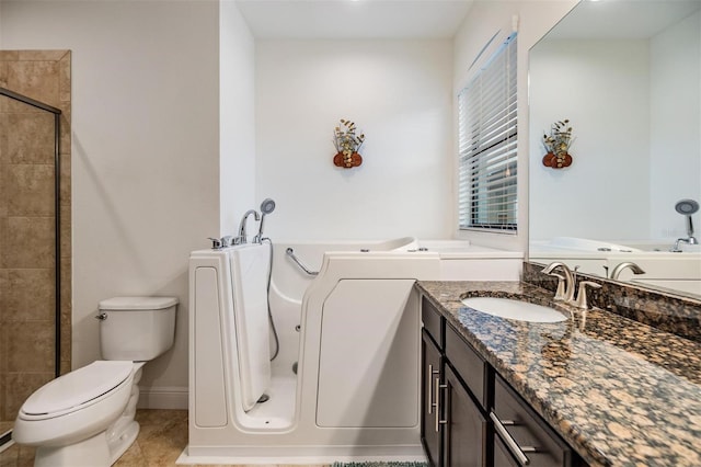 12251 Duckett Ct, Spring Hill, FL 34610 - bathroom featuring a bath, vanity, a tile shower, and tile patterned flooring