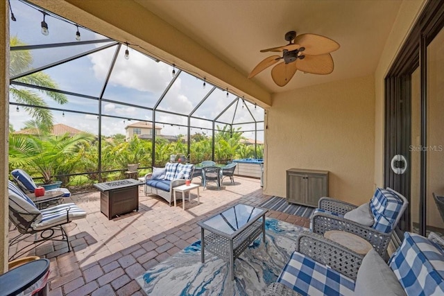 10450 Highland Park Pl, Palmetto, FL 34221 - view of patio / terrace featuring an outdoor living space, outdoor dining area, a lanai, a ceiling fan, and a hot tub