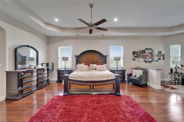 13102 Done Groven Dr, Dover, FL 33527 - bedroom with a tray ceiling, wood finished floors, multiple windows, and recessed lighting