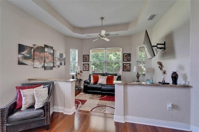 13102 Done Groven Dr, Dover, FL 33527 - living room with wood finished floors, a raised ceiling, and a ceiling fan