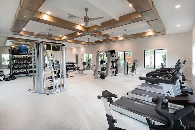 10282 Echo Dock Loop, San Antonio, FL 33576 - exercise room with ceiling fan, coffered ceiling, beamed ceiling, and recessed lighting